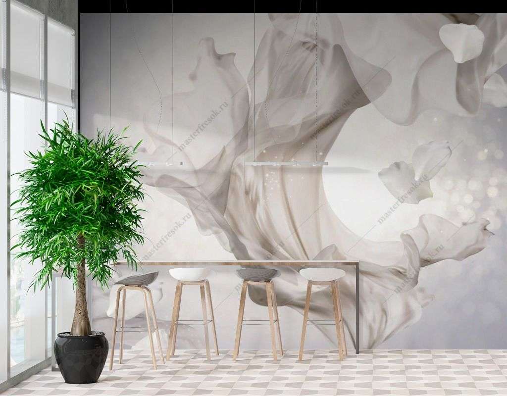 Фотообои в интерьере жемчужно-белый шифон  9-1736 фото