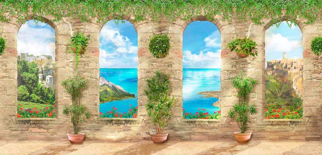 Фотообои в интерьере узкие арки с видом на море  11-170 фото