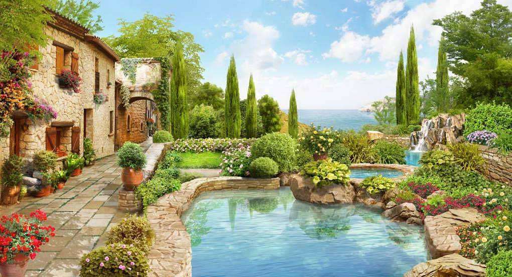 Фотообои в интерьере терраса с водопадом  17-0081 фото