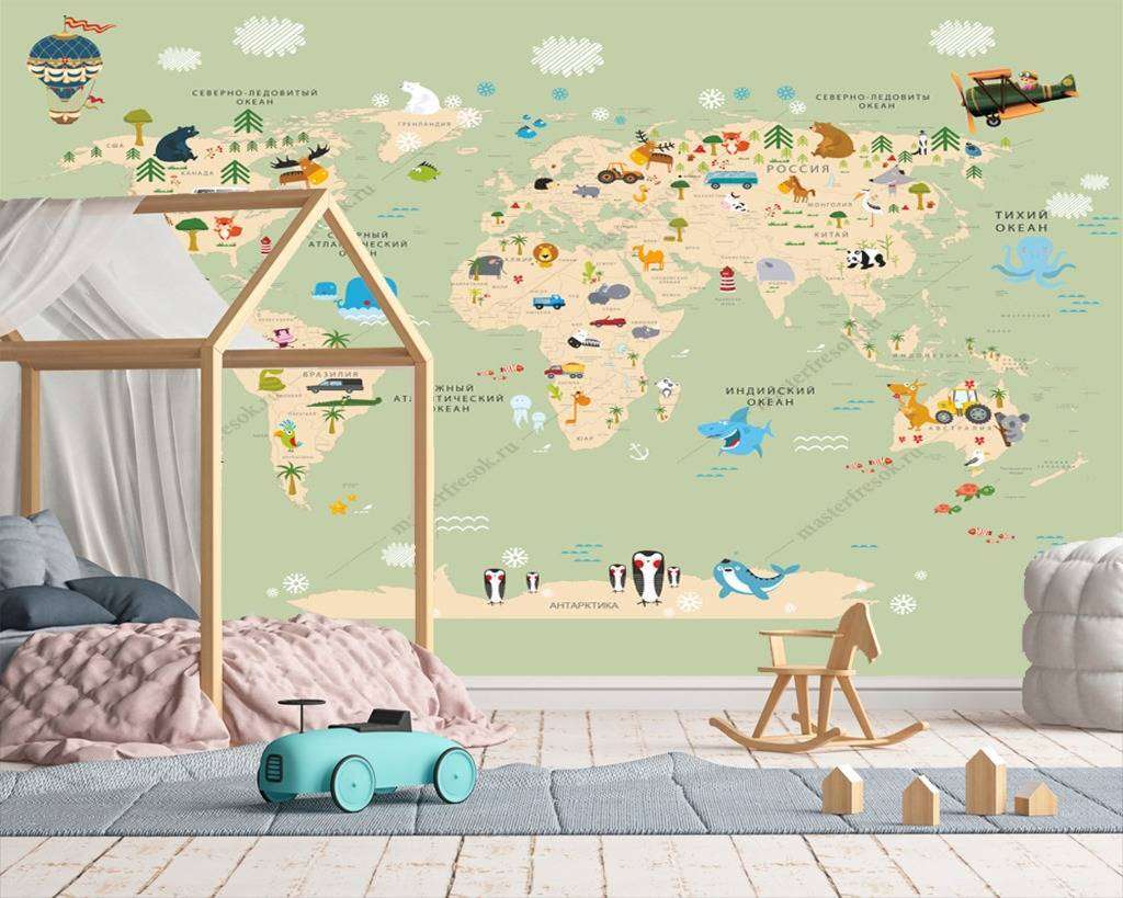 Фотообои в интерьере карта мира на русском зеленая  12-995 фото