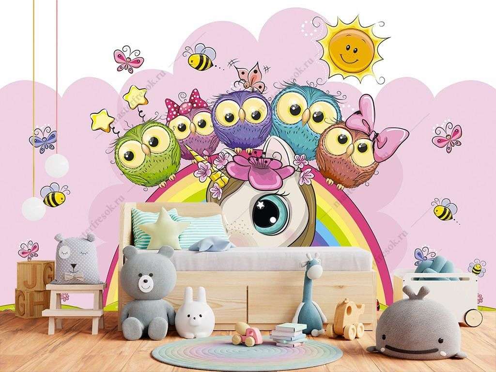 Фотообои в интерьере совята и единорожка мультяшка  12-1293 фото