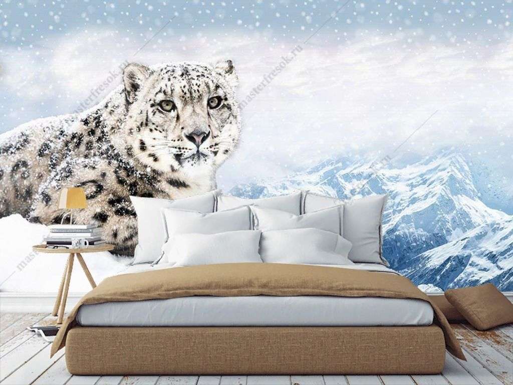 Фотообои в интерьере снежный барс в горах  14-279 фото