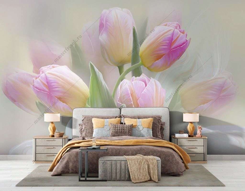 Фотообои в интерьере тюльпаны нежные  13-602 фото