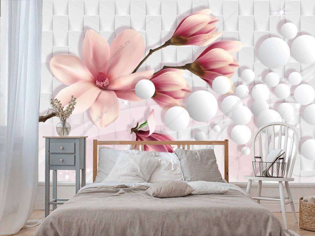 Фотообои в интерьере 3д розовая магнолия  10-831 фото