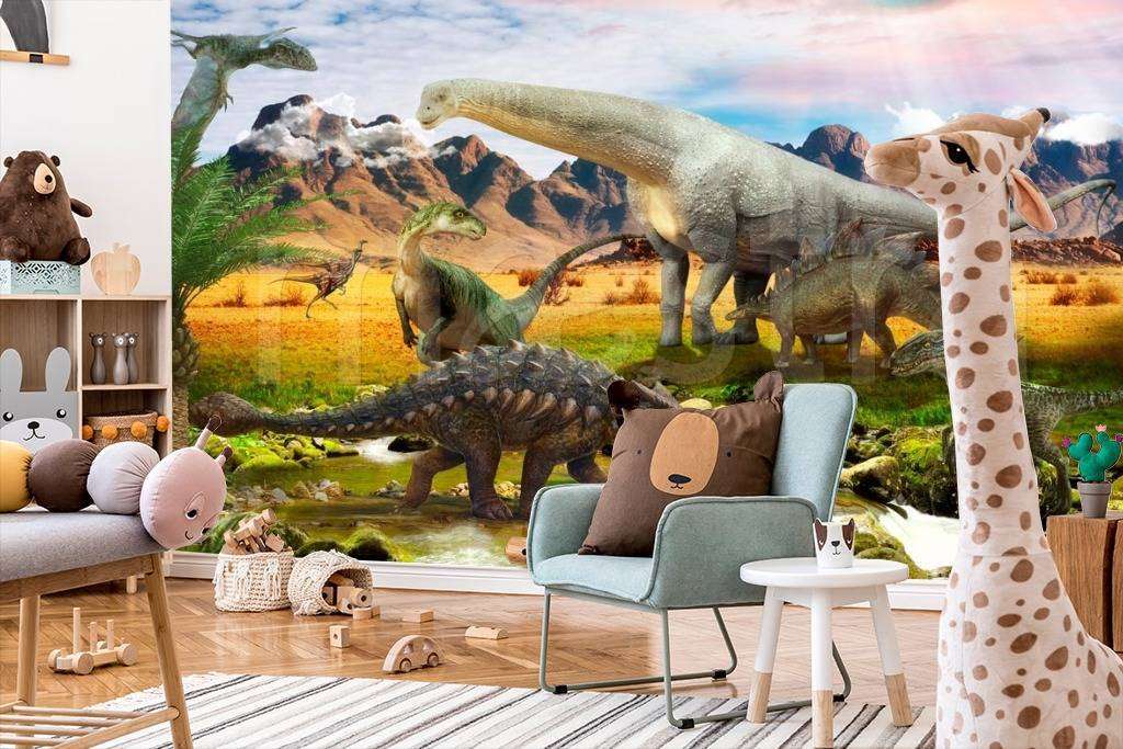 Фотообои в интерьере динозавры возле гор  12-381 фото