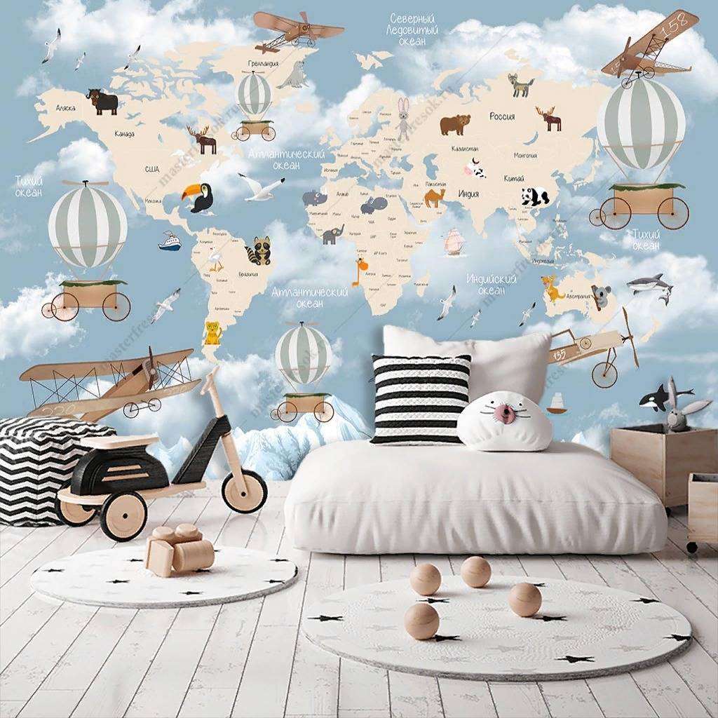 Фотообои в интерьере карта мира для мальчика  12-1150 фото