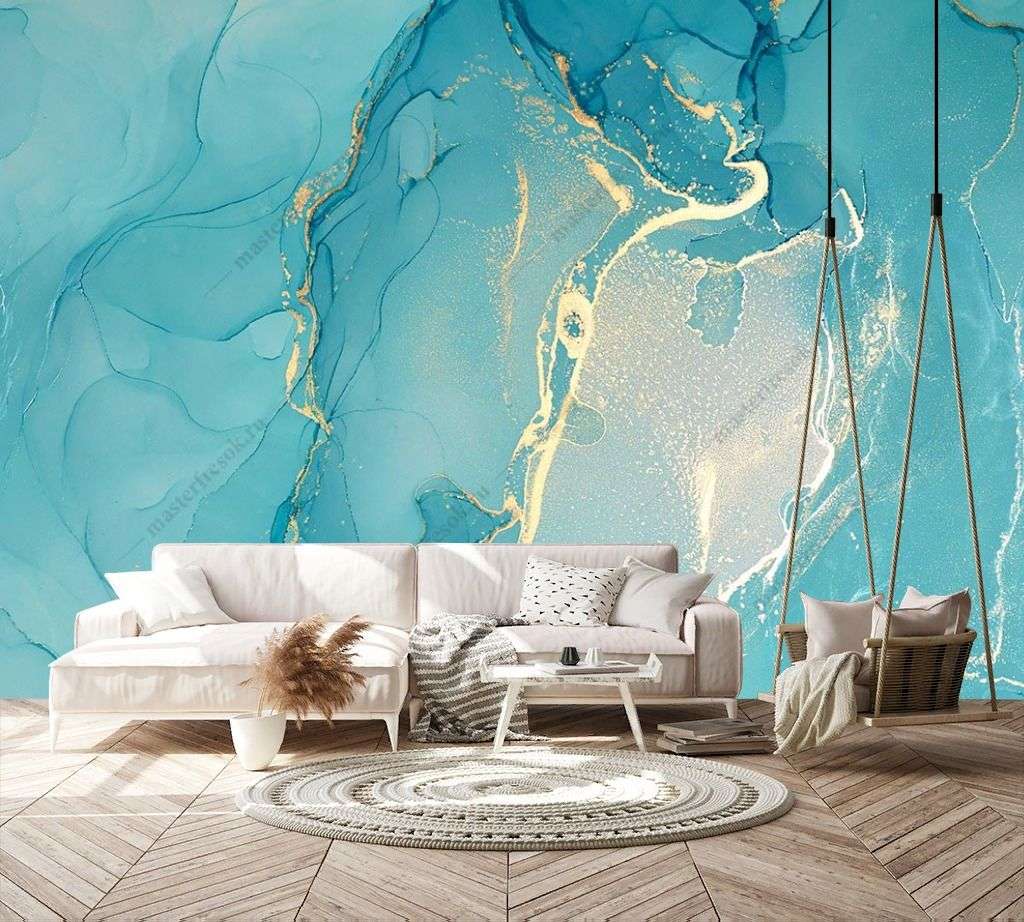 Фотообои в интерьере ярко голубой флюид  9-1440 фото