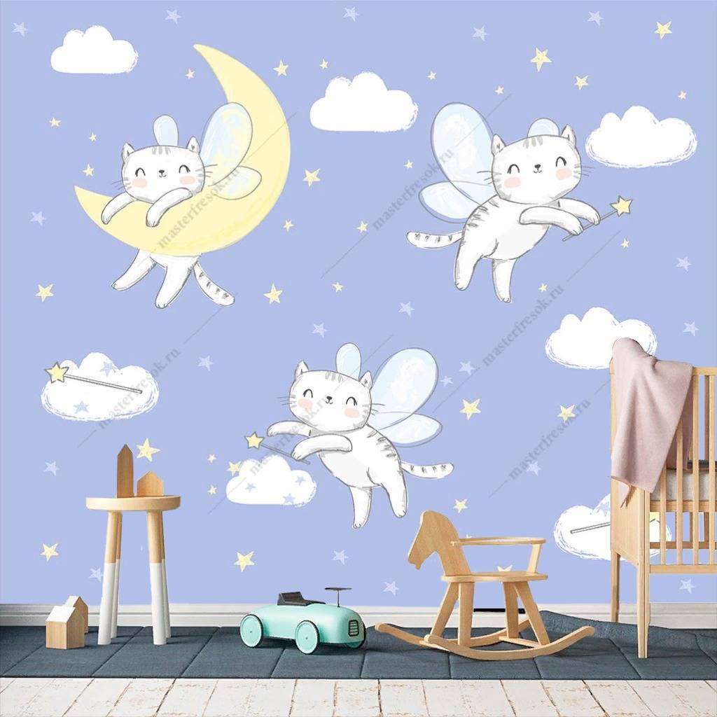 Фотообои в интерьере кошки-феи парят над облаками  12-412 фото