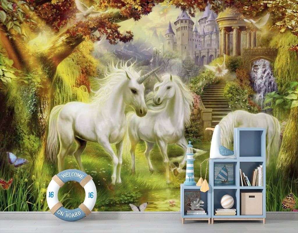 Фотообои в интерьере сказочный замок с единорогами  17-7205 фото