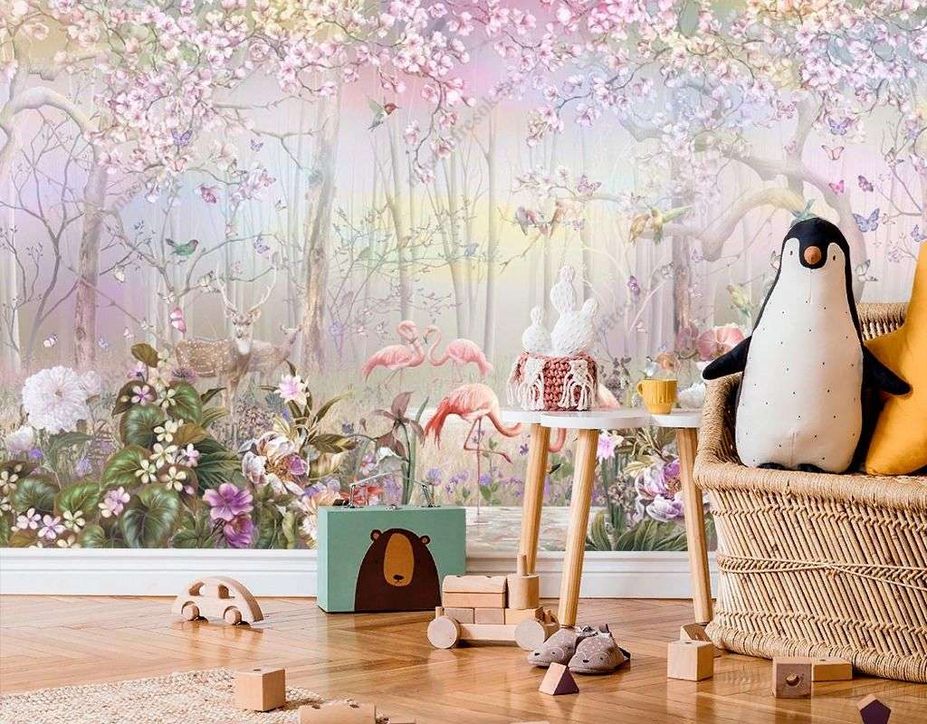 Фотообои в интерьере лес цветущий с животными  12-1473 фото