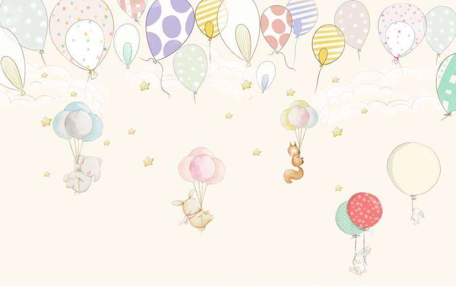 Фотообои в интерьере воздушные шарики и милые животные  15-297 фото