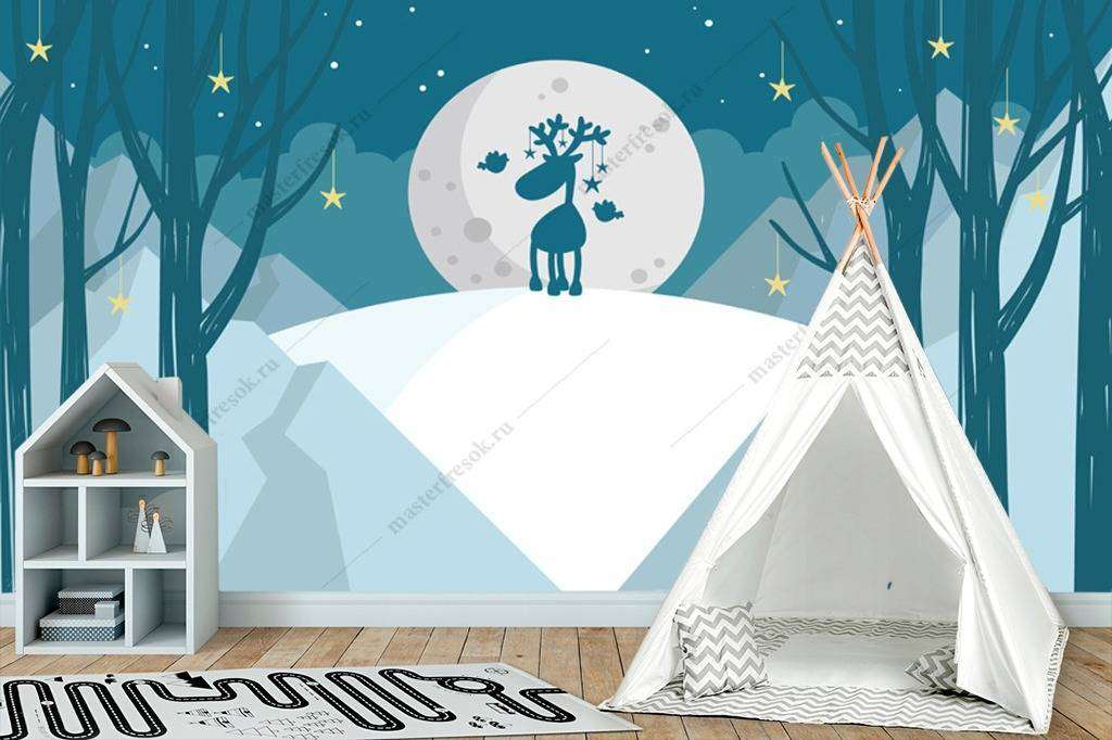 Фотообои в интерьере лес под луной  12-962 фото