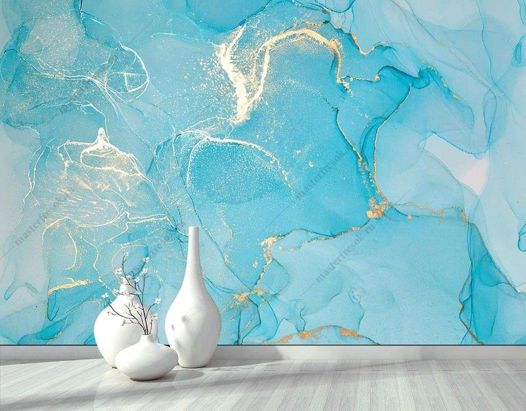 Фотообои в интерьере разводы акварели голубые  9-1780 фото