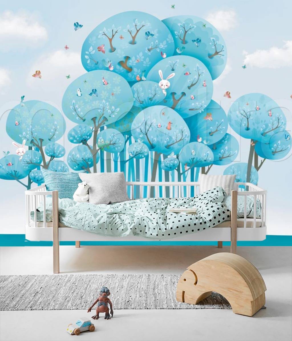 Фотообои Голубые деревья на лужайке  12-358