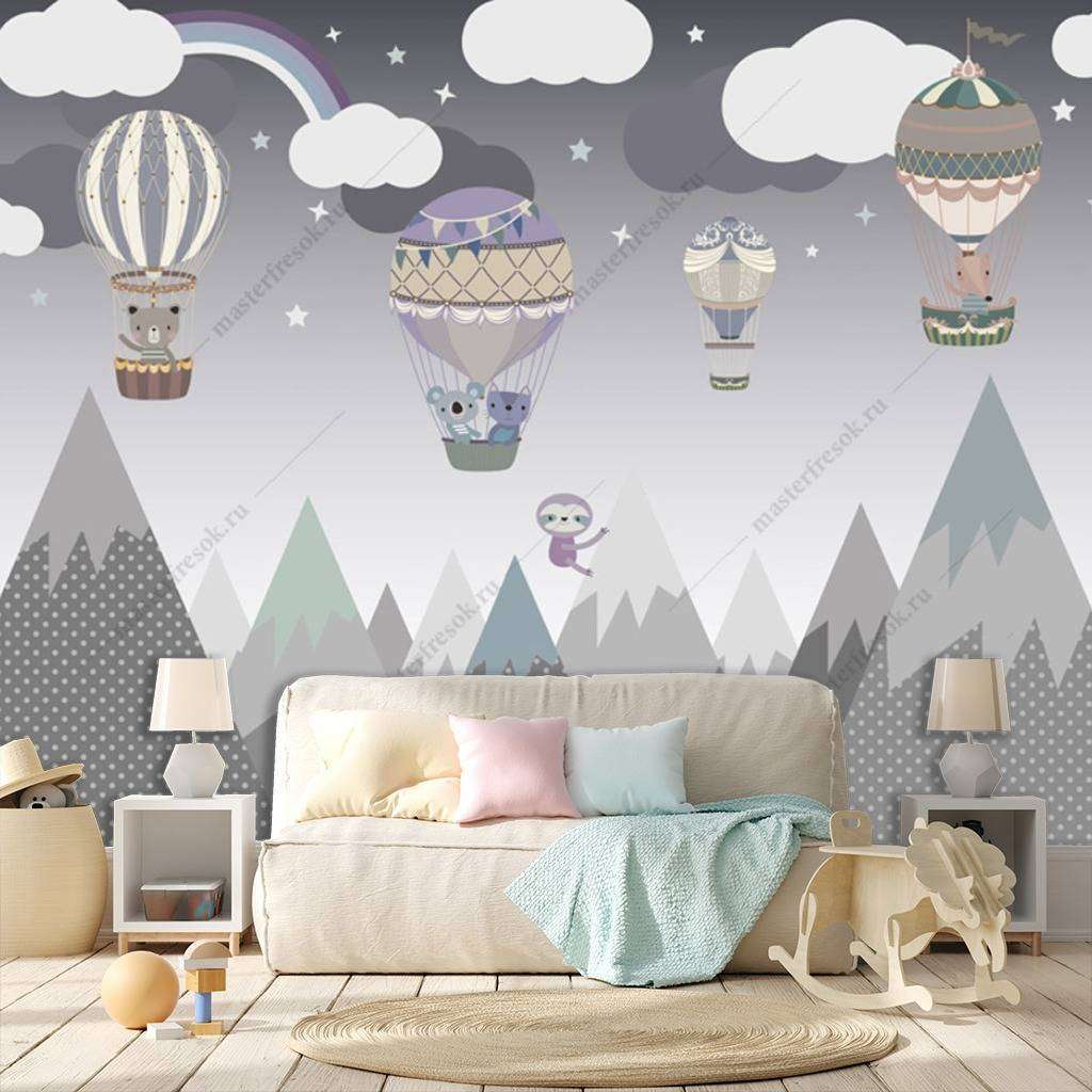 Фотообои в интерьере воздушный шар и горы  12-942 фото