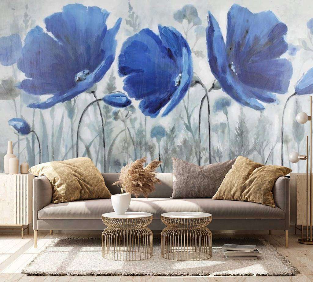 Фотообои в интерьере голубые маки  15-742 фото