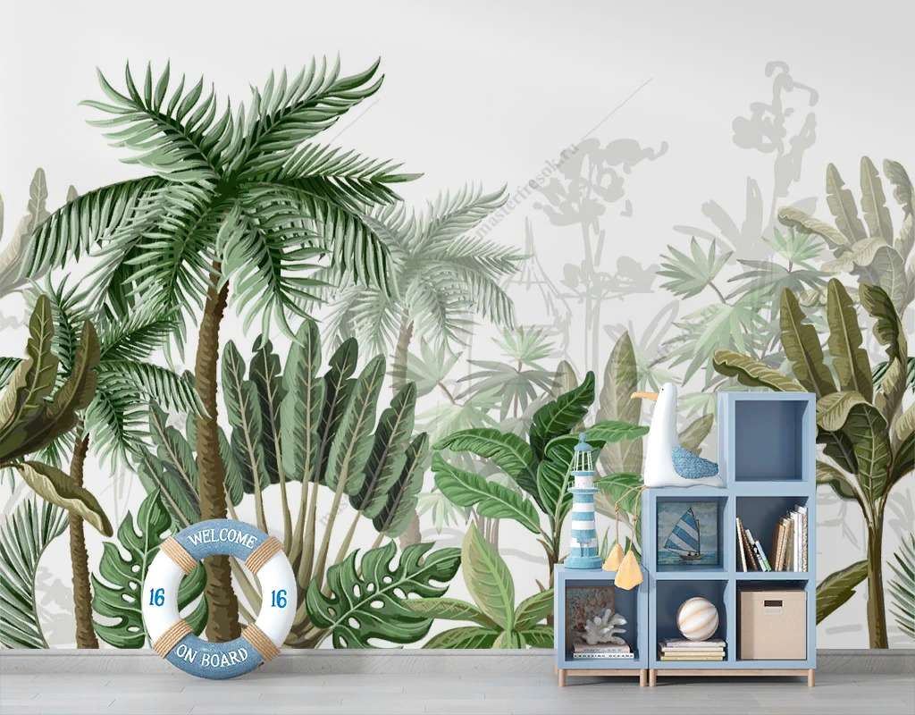 Фотообои Бесшовные обои на стену:  Тропики на белом фоне. Артикул: 12-1391  