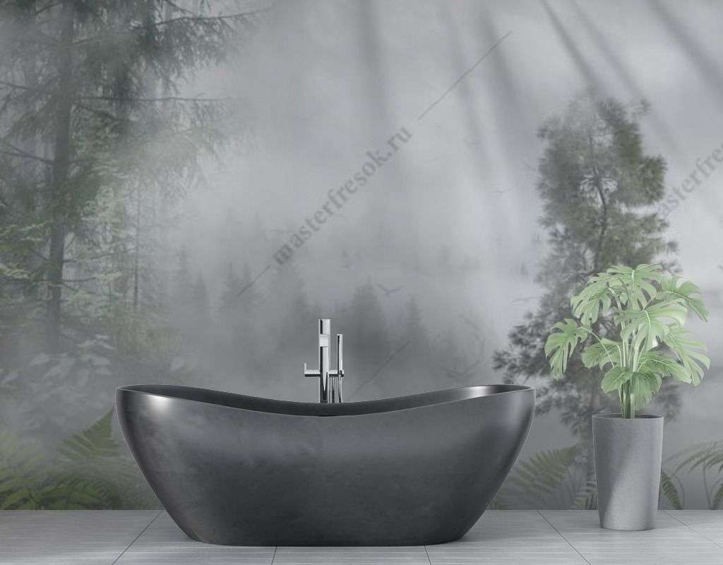 Фотообои в интерьере лучи солнца в туманном лесу  13-465 фото