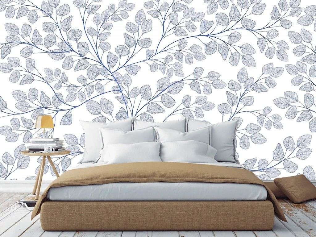 Фотообои в интерьере в спальню листочки голубые на белом фоне  9-1983 фото