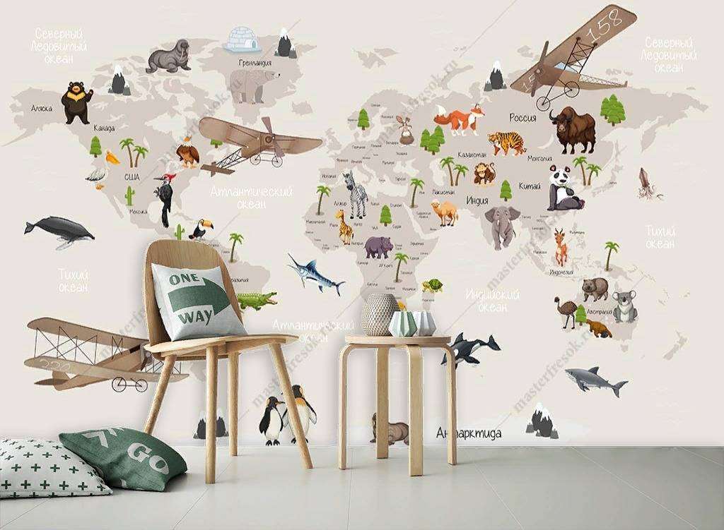 Фотообои в интерьере карта мира с самолетами  12-1153 фото