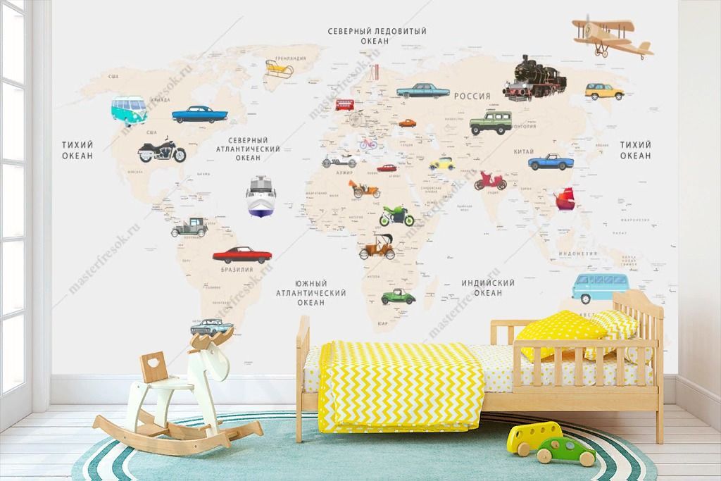 Фотообои Детская карта мира с машинками  14-285