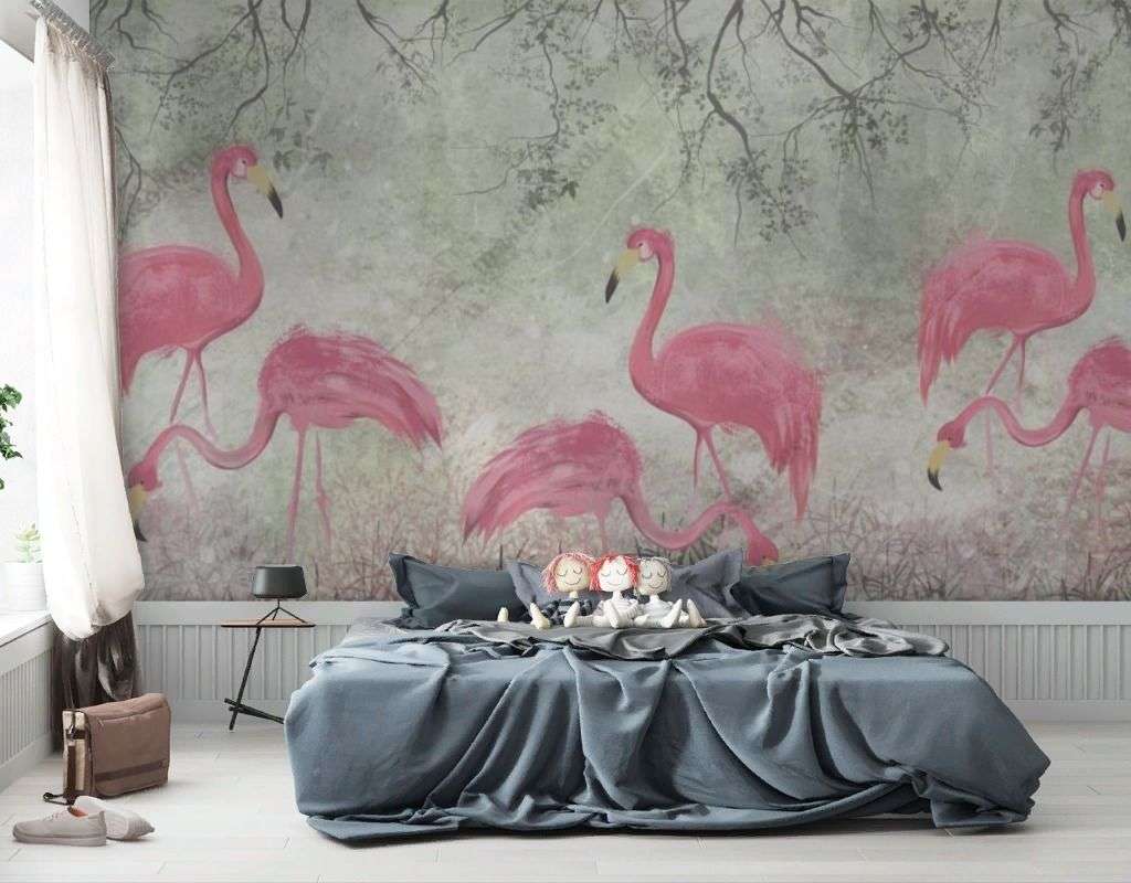 Фотообои в интерьере красивые фламинго в саду  9-1699 фото