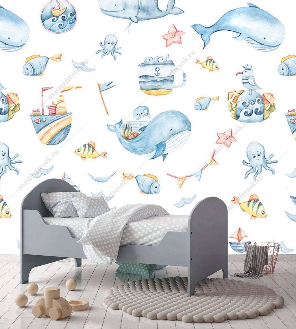 Фотообои в интерьере киты и кораблики  12-727 фото