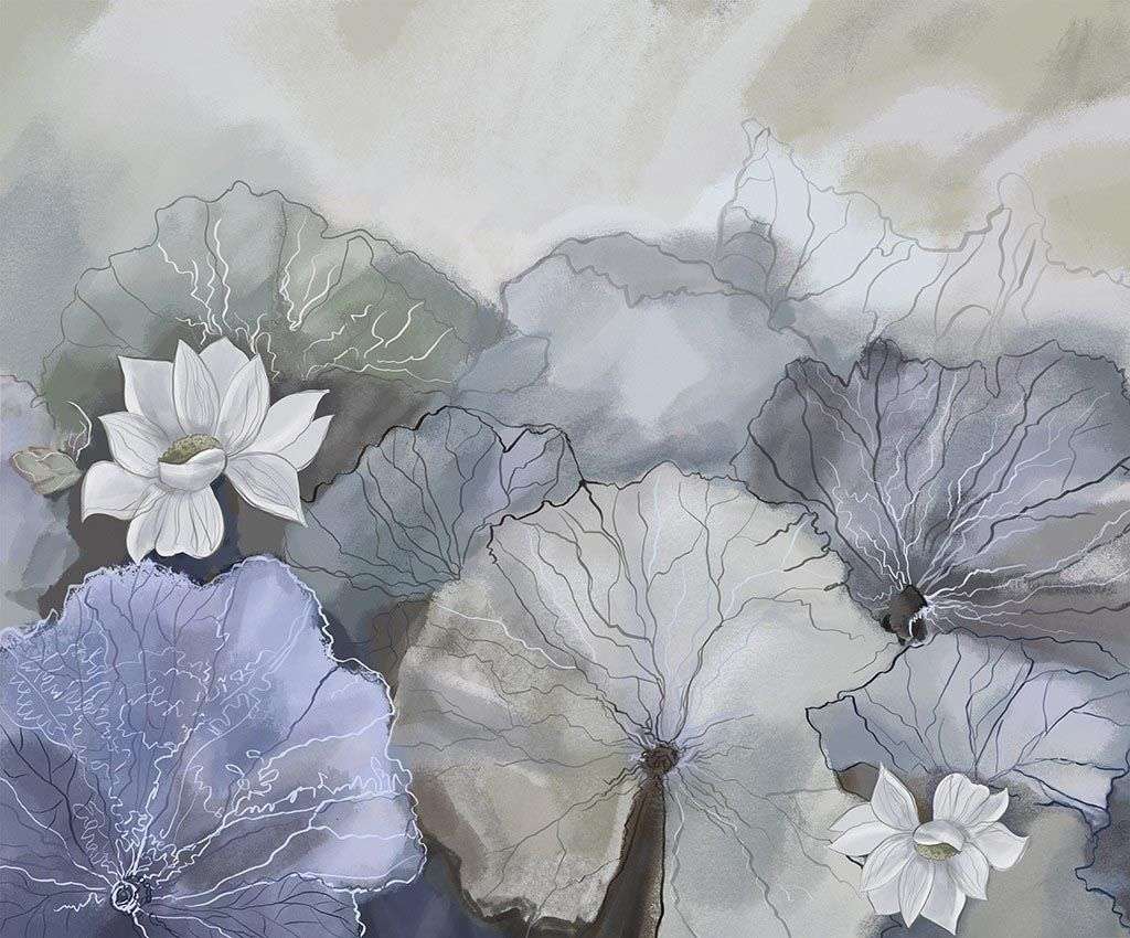 Фотообои в интерьере лотосы серо-бирюзовые  9-1775 фото