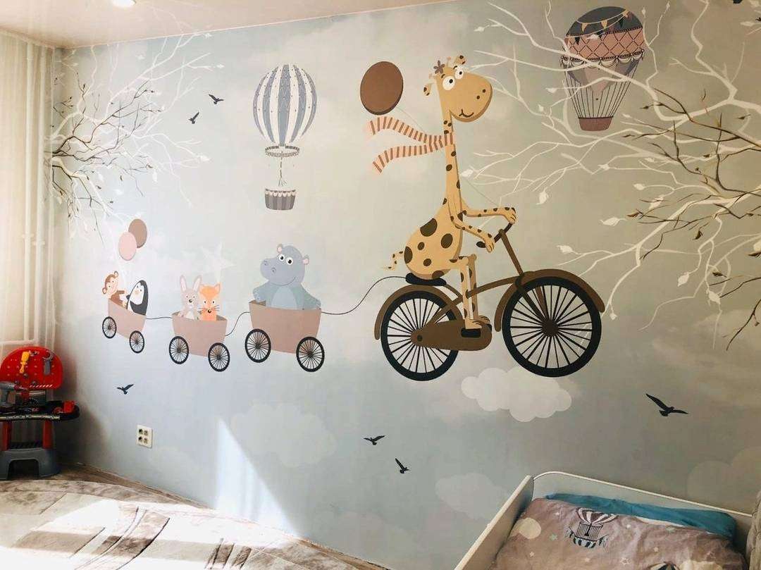 Фотообои в интерьере звери на велосипеде в небе  12-1174 фото