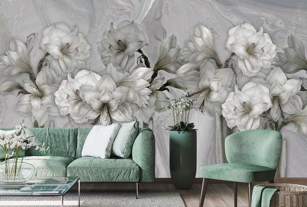 Фотообои в интерьере винтажные серые цветы  13-341 фото