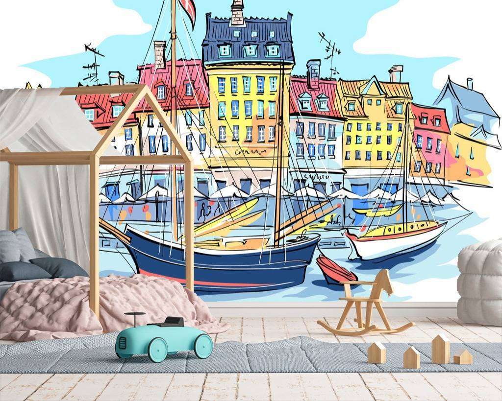 Фотообои в интерьере набережная с домиками графика  12-499 фото