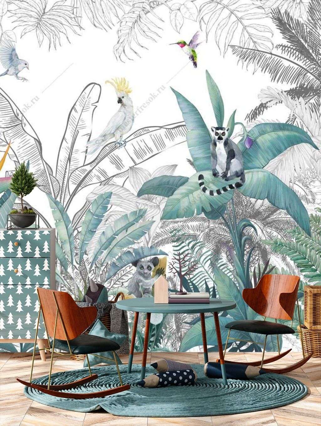 Фотообои в интерьере тропические листья и животные  12-1192 фото