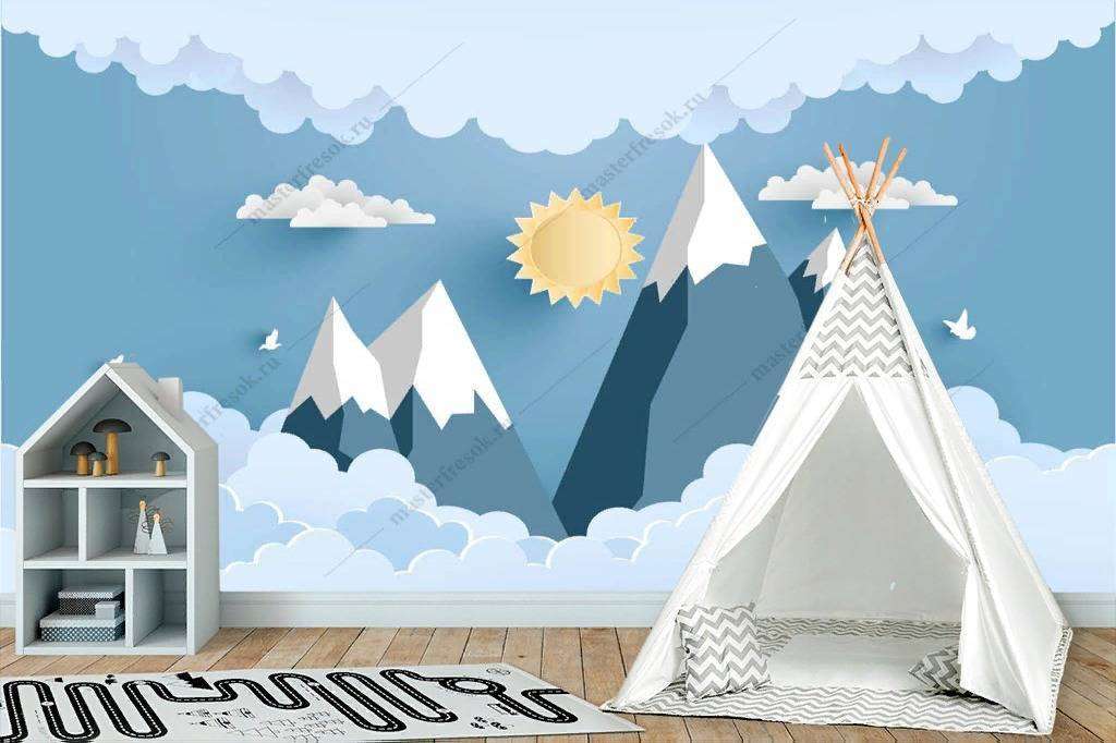 Фотообои в интерьере 3д горы и солнце  12-862 фото