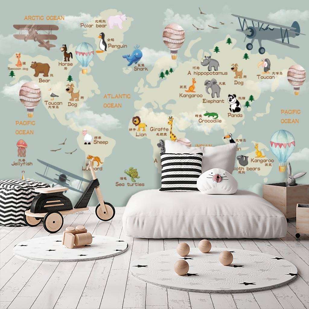 Фотообои в интерьере карта мира с животными и самолетами  15-315 фото