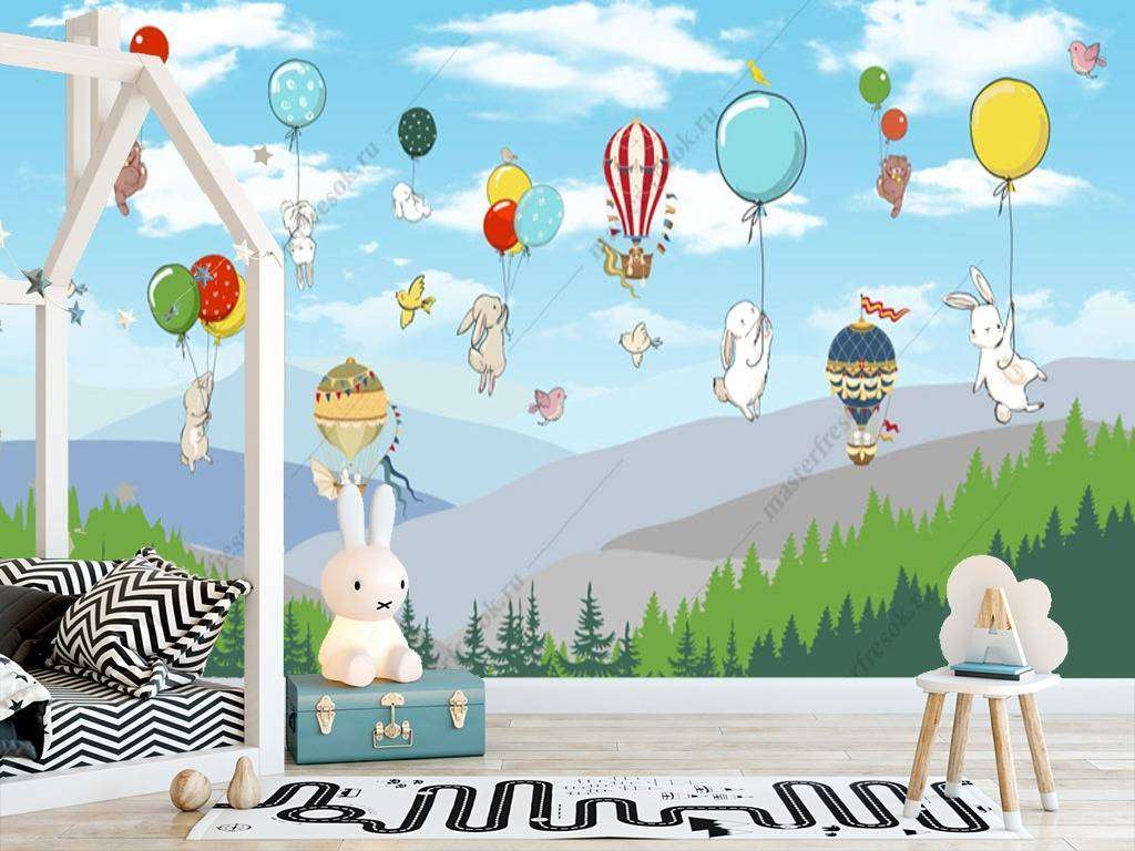 Фотообои в интерьере шарики над лесом  12-949 фото