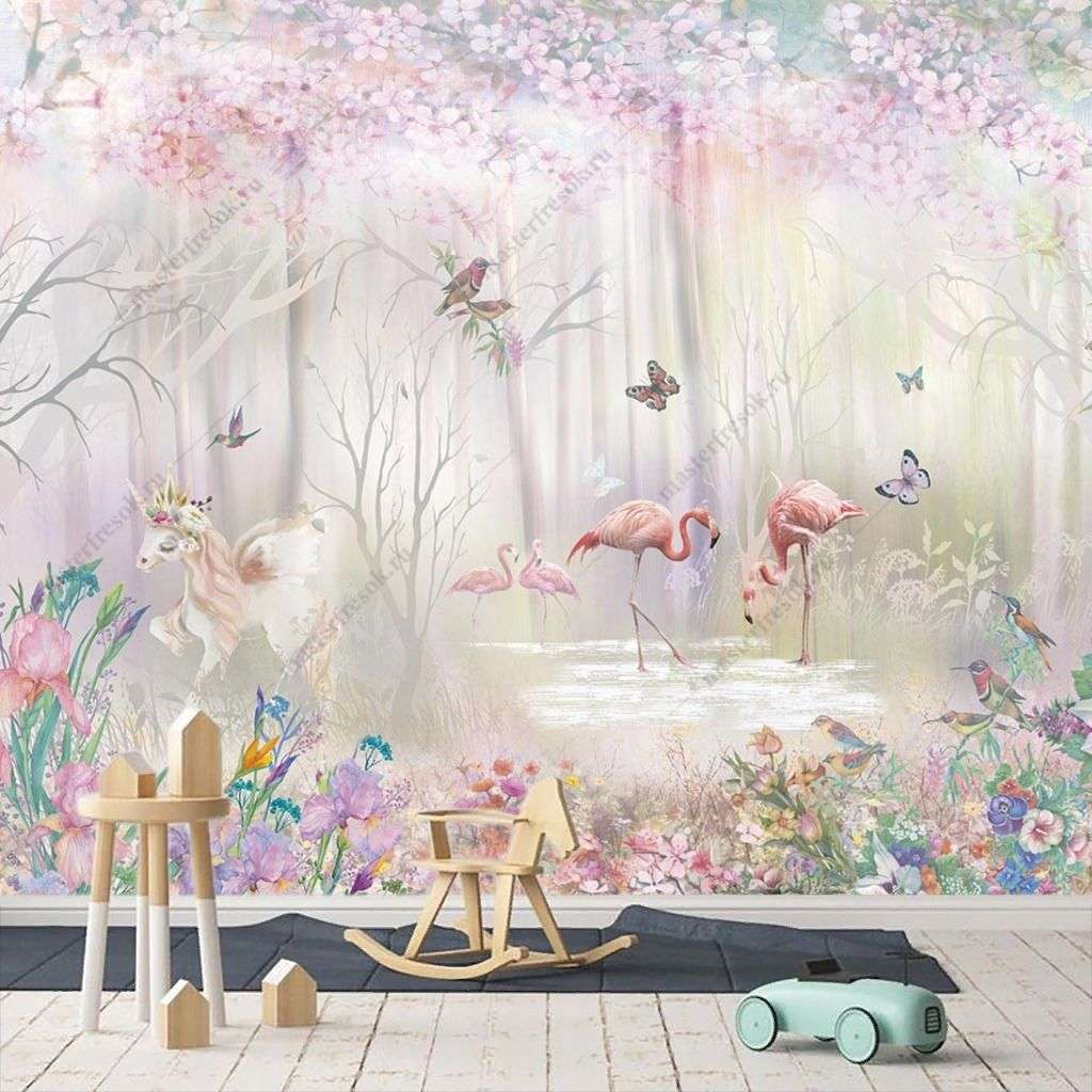 Фотообои в интерьере сказочный розовый лес  14-686 фото