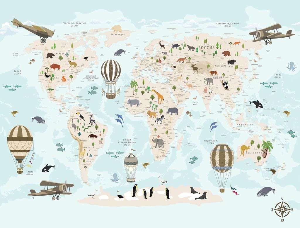 Фотообои в интерьере карта мира в нежно голубом цвете  12-1188 фото