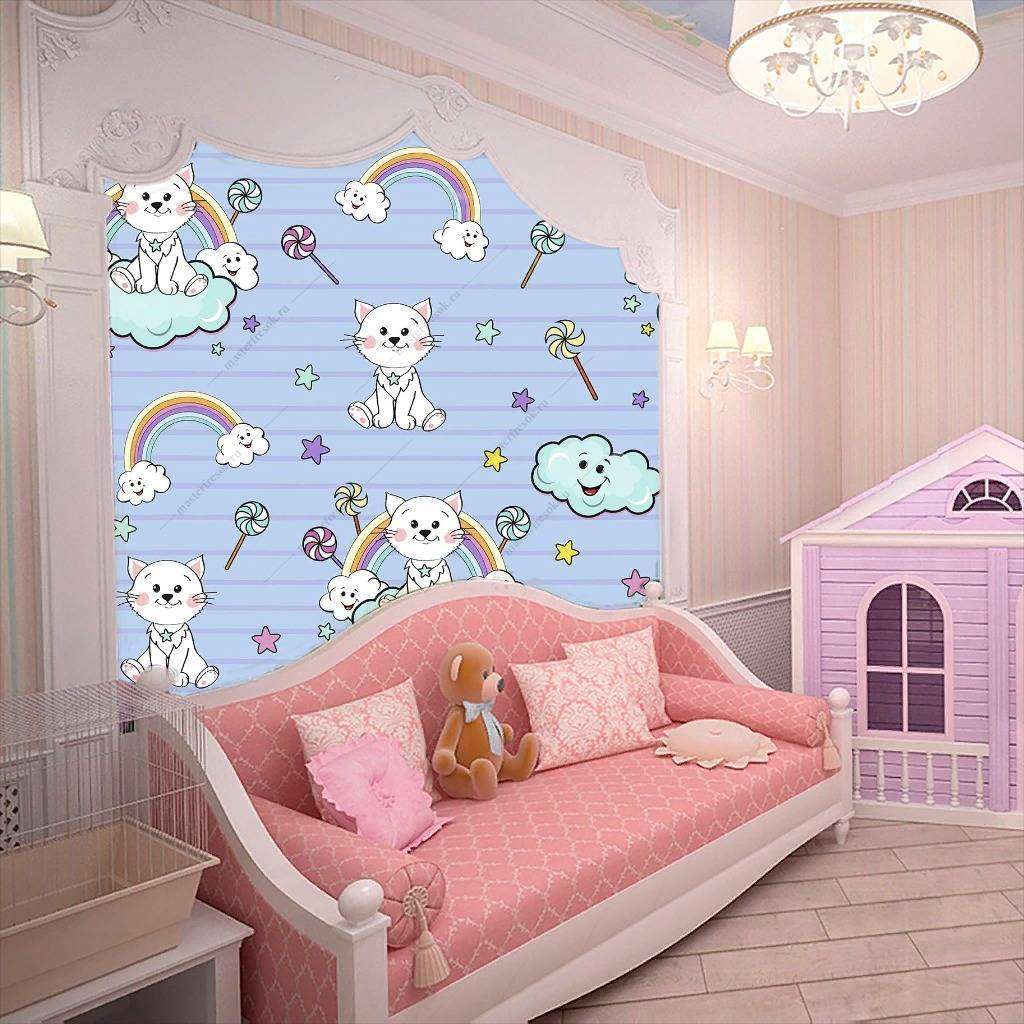 Фотообои в интерьере котята на облаках на голубом фоне  12-415 фото