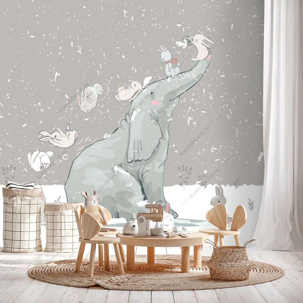Фотообои в интерьере слоник и зайки  14-215 фото