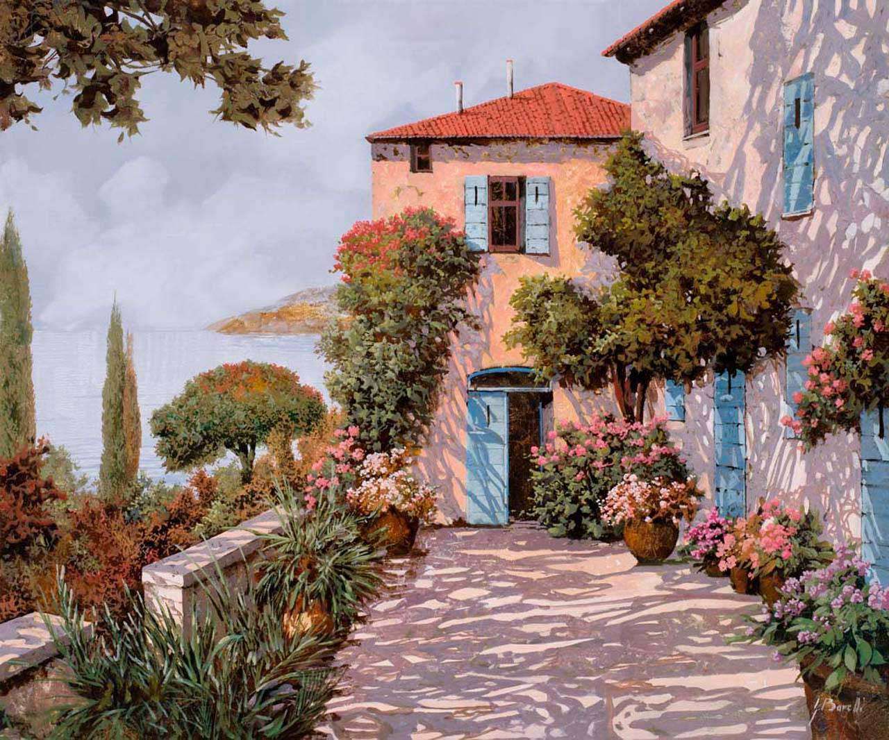 Фотообои в интерьере уютный солнечный дворик с видом на море  8-080 фото