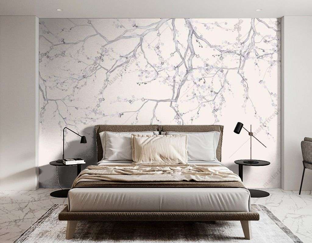 Фотообои в интерьере тонкие ветки сакуры  13-416 фото