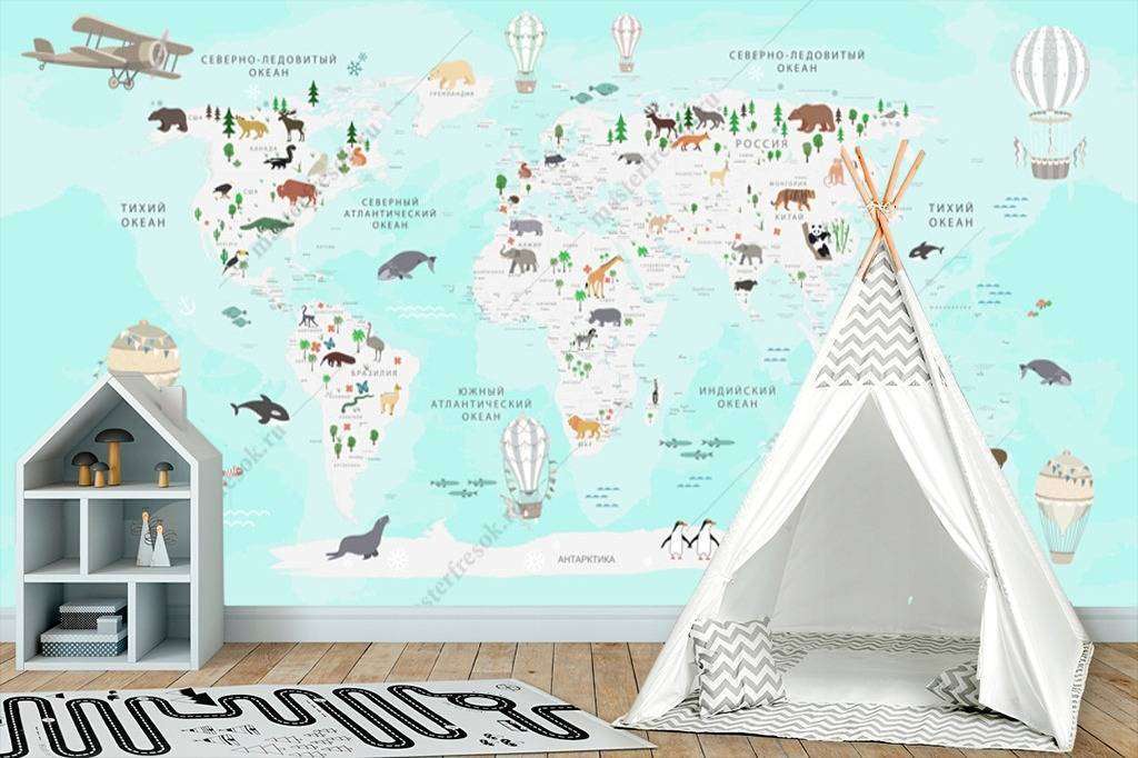 Фотообои Бесшовные обои на стену:  Детская карта мира. Артикул: 12-991  