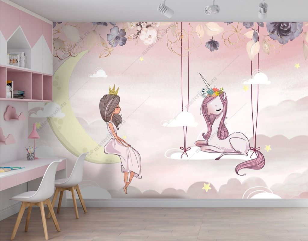 Фотообои Фея в облаках с единорогом  14-444