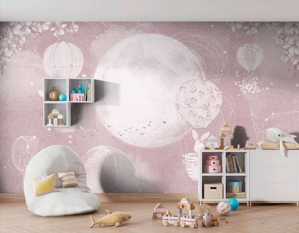 Фотообои в интерьере детские. зайки на шарике  12-1624 фото