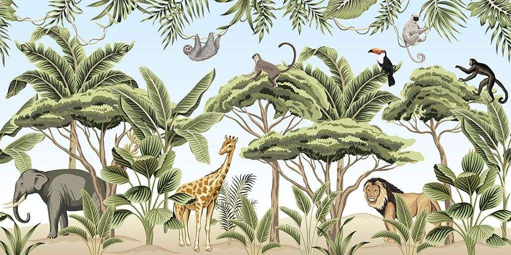 Фотообои в интерьере детские. тропический лес с животными   12-1607 фото