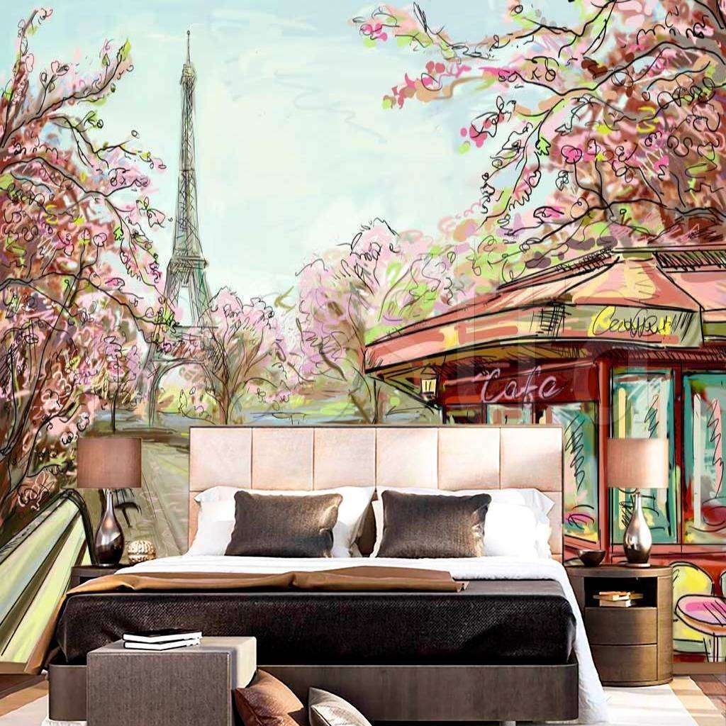 Фотообои в интерьере улочка в париже с видом на эйфелеву башню карандашами  9-774 фото