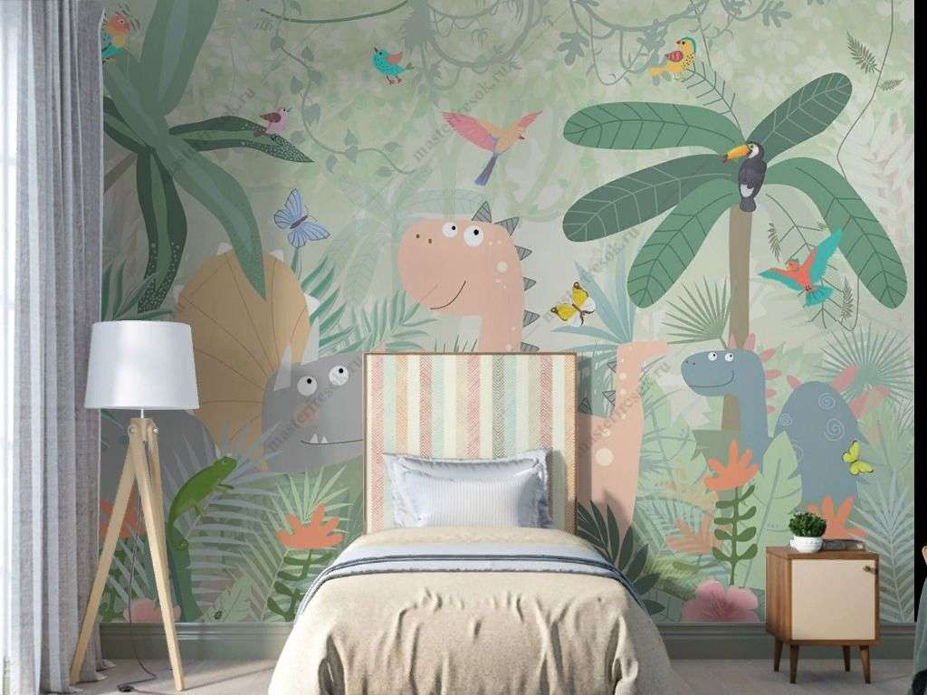 Фотообои в интерьере игривые динозаврики в детскую  12-1526 фото