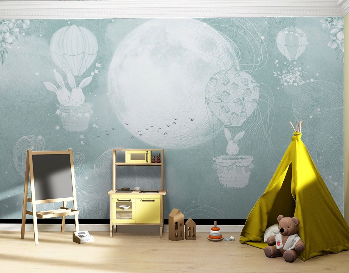 Фотообои детские. Зайки летят на шариках  12-1625