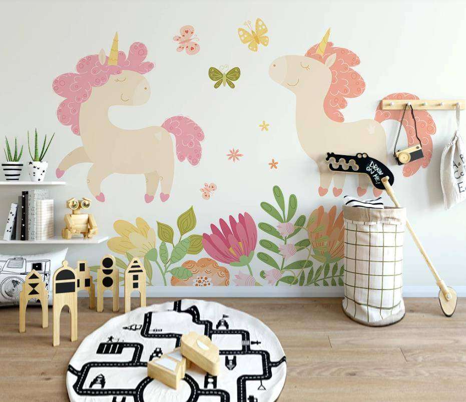 Фотообои в интерьере два единорога в цветах  15-339 фото