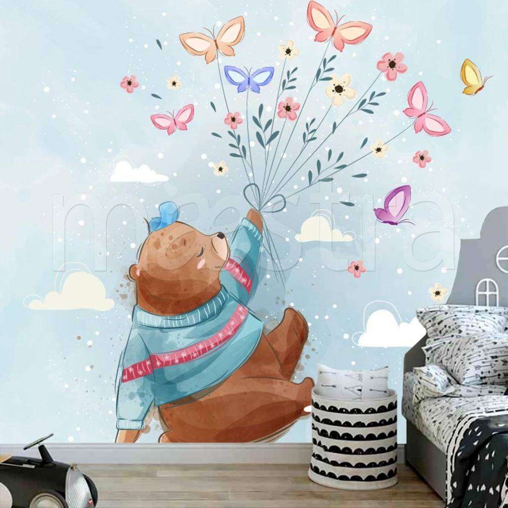 Фотообои в интерьере мишка с бабочками  12-471 фото
